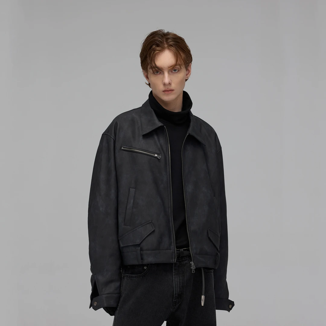 SILENTEX高级哑光黑复古短款皮衣夹克 弯刀袖翻领加绒宽松皮外套