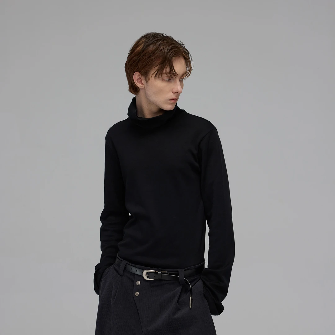 SILENTEX复古高领正肩打底长袖棉t恤极简休闲上衣慵懒风