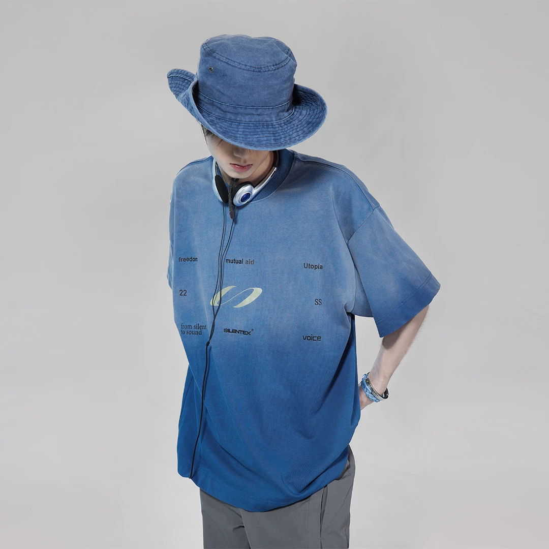 SILENTEX明星同款｜夏季新品国潮渐变水洗印花T恤男女同款重磅短袖