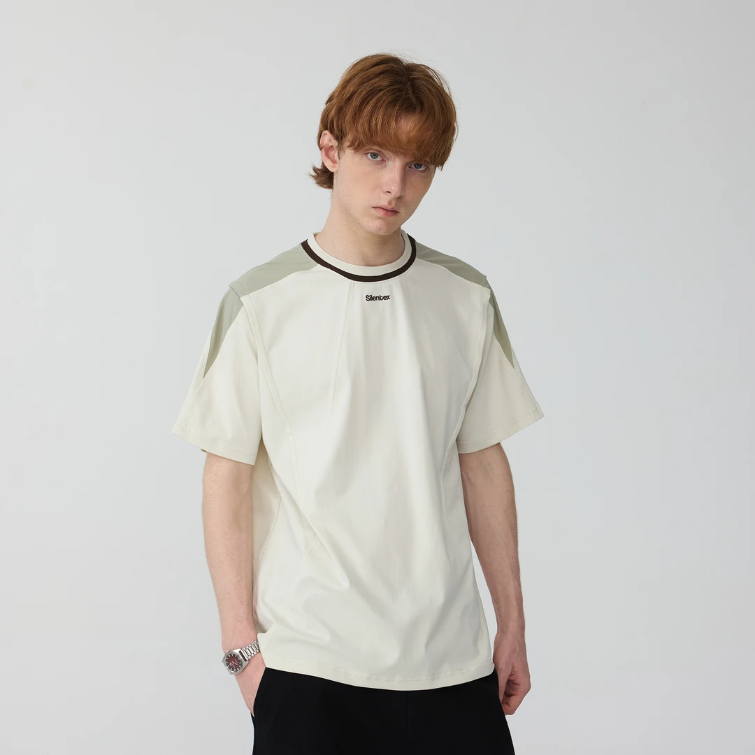 SILENTEX复古拼接撞色t恤男女刺绣短袖宽松休闲T恤上衣
