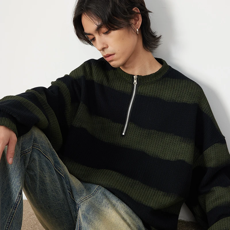 SILENTEX明星同款 秋冬圆领拉链撞色毛衣 美拉德氛围感条纹长帽衫