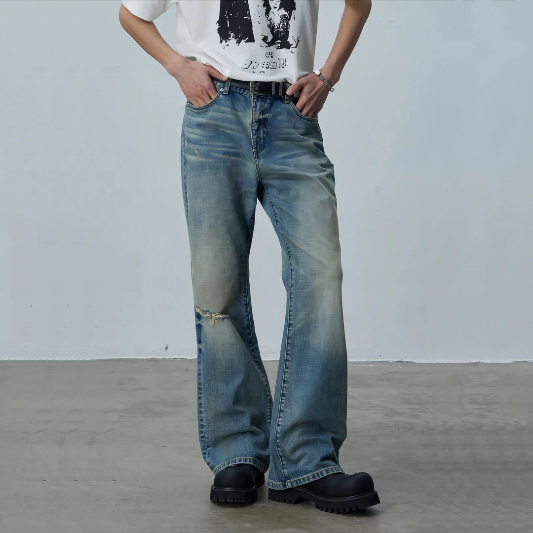 SILENTEX明星同款｜复古水洗做旧猫须new vintage破洞宽松微喇蓝牛