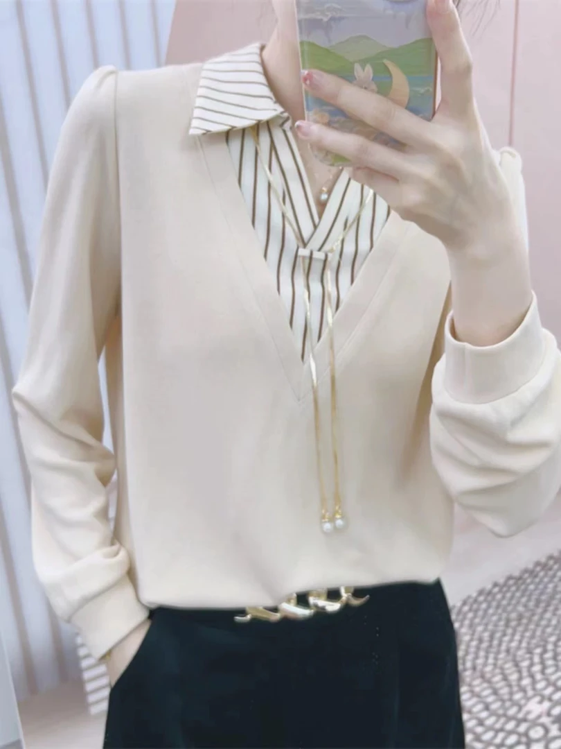 【B237】2024年秋季新款假两件领针织衬衫女装宽松打底衫上衣