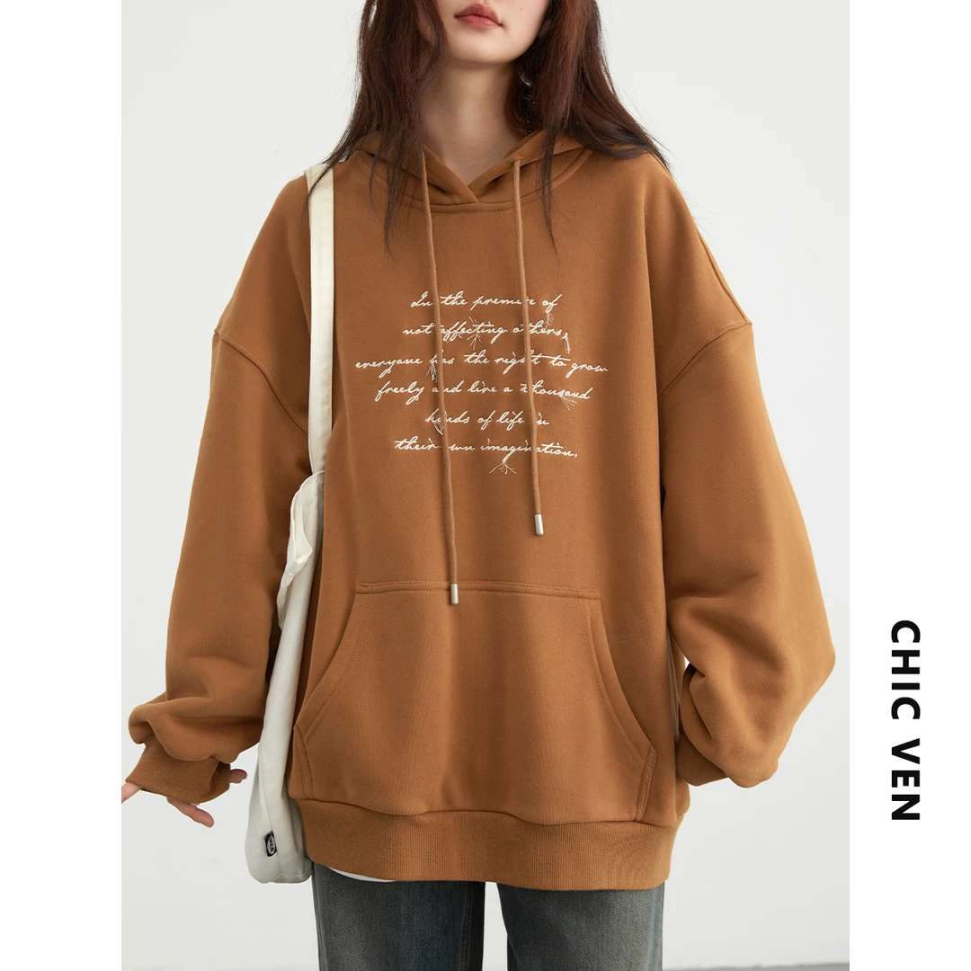 CHIC VEN官方冬新品圆领加绒字母睫毛绣刺绣连帽卫衣123DS21170