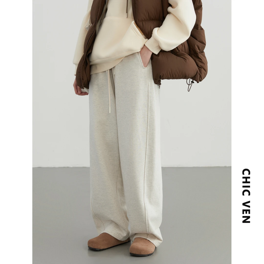 CHIC VEN官方冬季新款高腰阔腿裤运动休闲裤磨毛拖地裤123DK21361