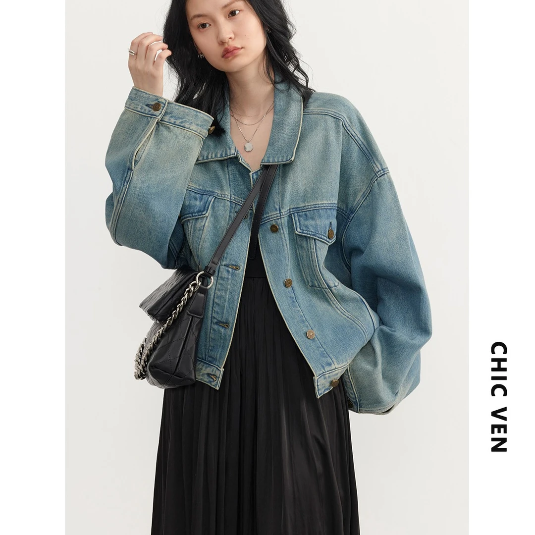 CHIC VEN官方新款复古水洗做旧金属纽扣牛仔外套女夹克123CW80214