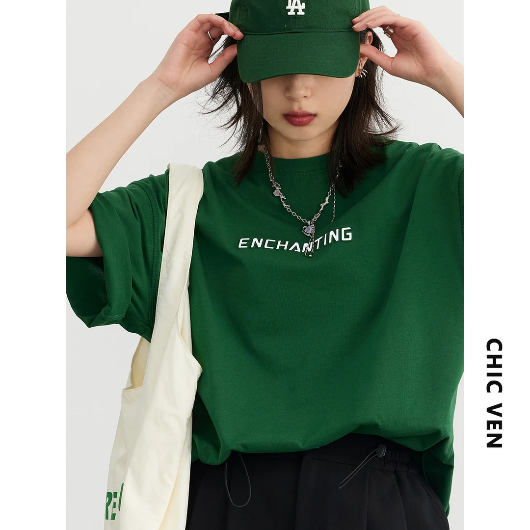CHIC VEN官方街头男友风宽松反光凸印字母T恤女上衣夏923XS40304