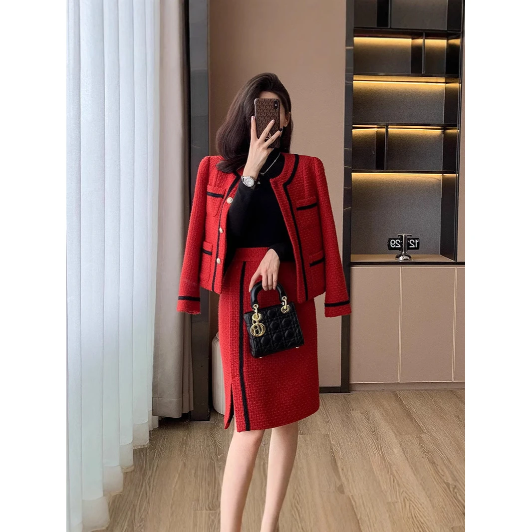 《新年红套装》小香风红色时尚套装裙女高级感外套洋气半身裙两件套