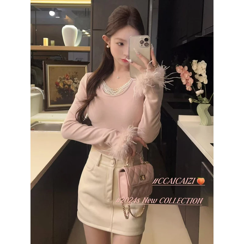 CCA179【人鱼泪珠】法式温柔领口珠珠袖口羽毛拼接设计感针织衫