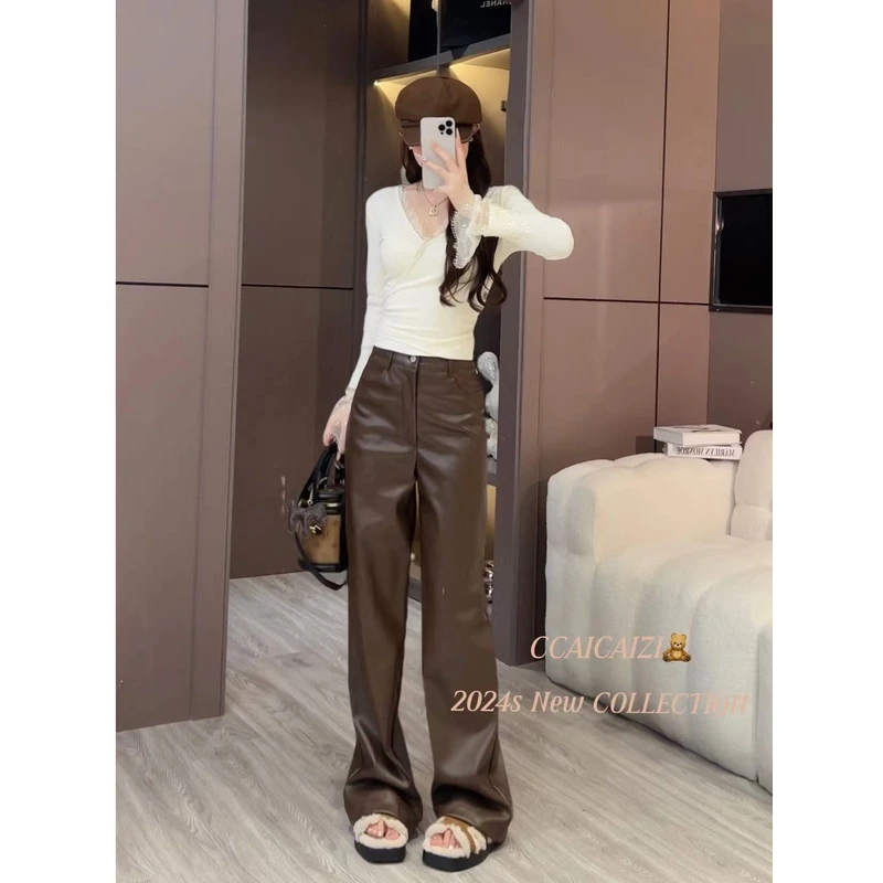 CCA014 【女团腿】经典高腰软滑直筒显瘦皮裤 （有磨毛）★