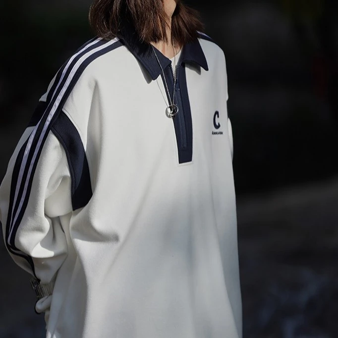 春秋季复古拼色polo衫男女情侣款宽松半拉链休闲百搭潮卫衣长袖