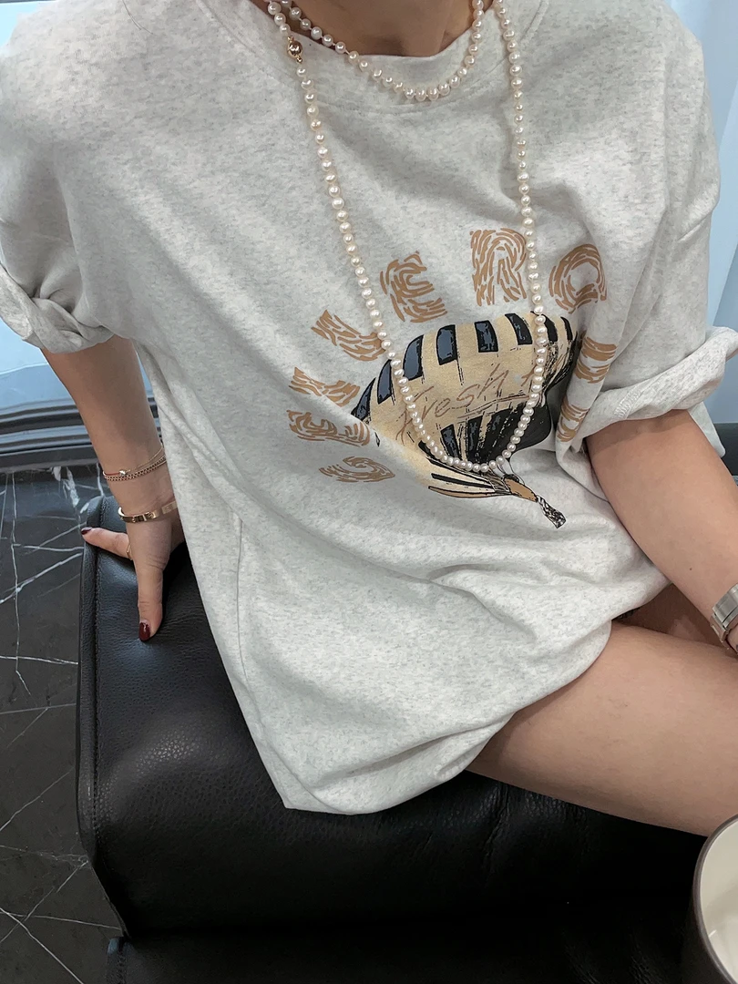 磨毛加厚短袖T恤女早春2024新款热气球字母印花宽松圆领中长打底