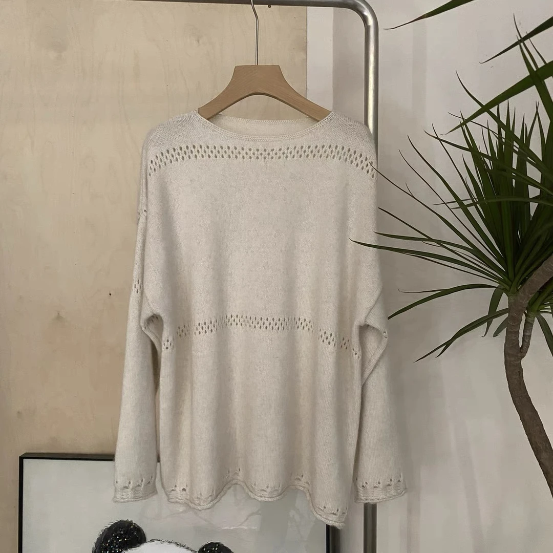 时尚慵懒风圆领长袖镂空软糯针织打底衫毛衣内搭上衣女