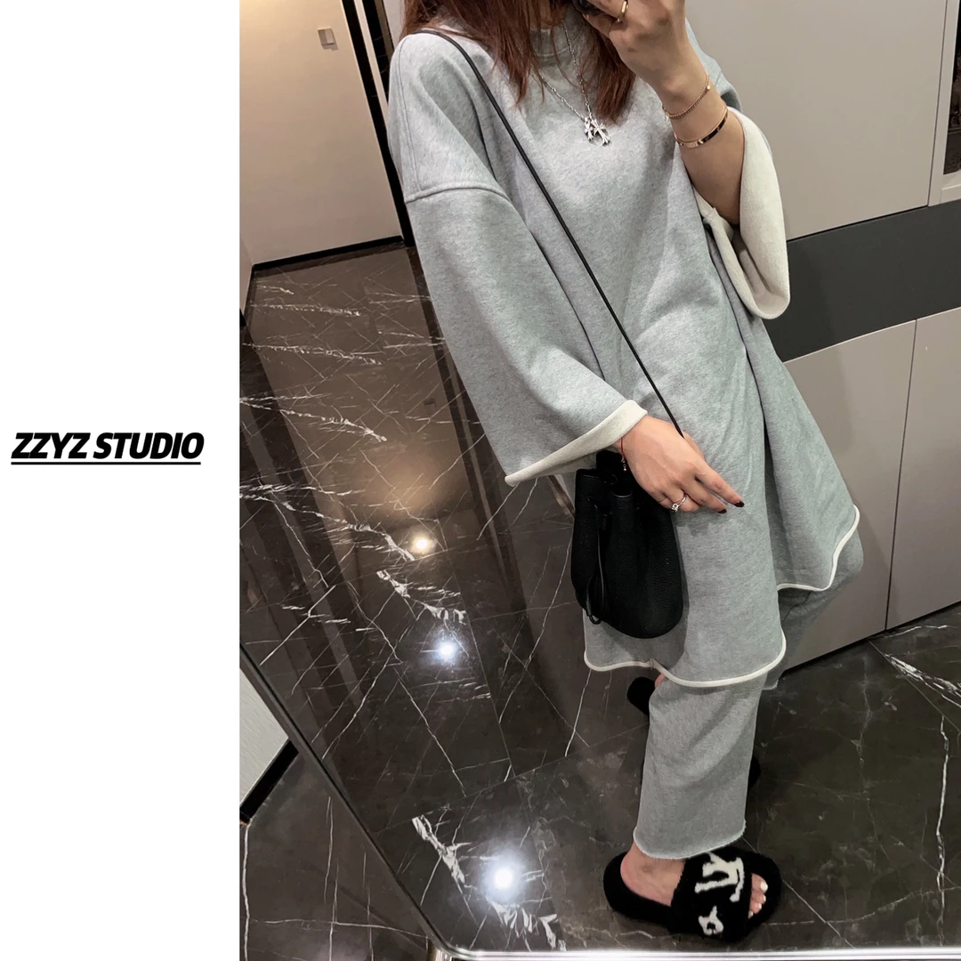 灰色直筒休闲卷边九分裤 百搭运动风设计感遮肉卫裤