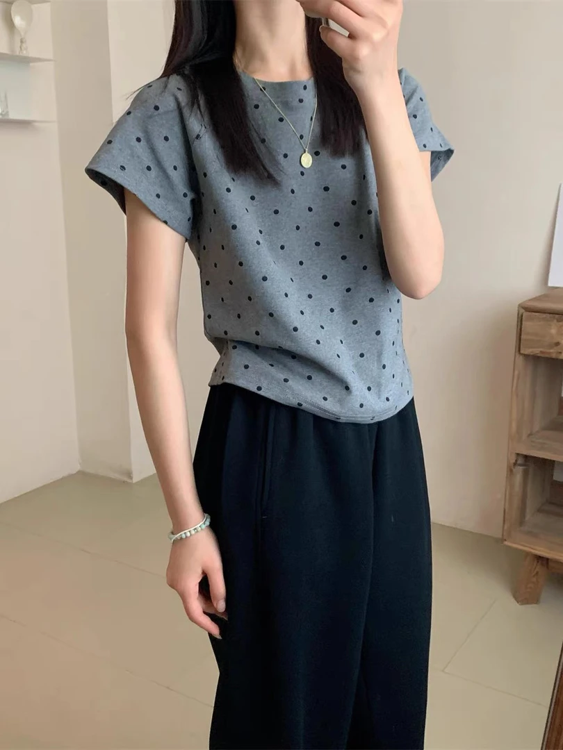 复古波点短袖T恤 女内搭修身短款打底衫上衣8336