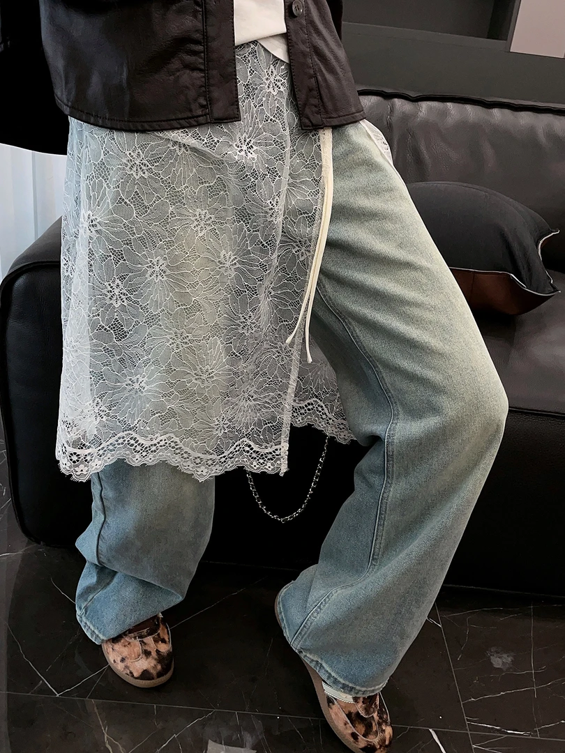 复古擦色字母皮标牛仔裤女早春新款高腰显瘦松弛感阔腿拖地直筒裤