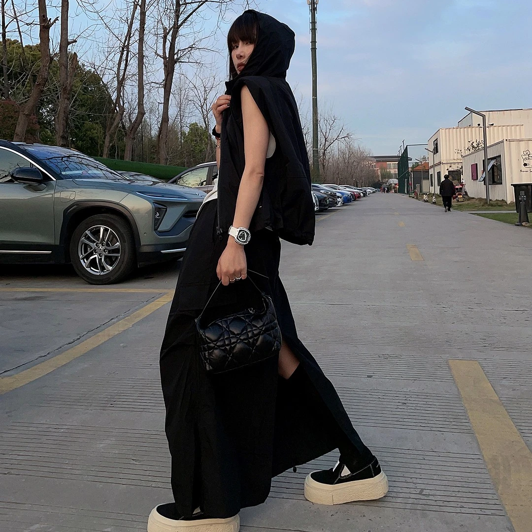 工装套装.新款夏季黑色显瘦外穿气质松紧腰宽松套装连衣裙