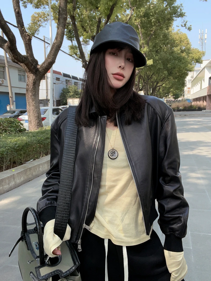 复古摩登·翻领小个子短款拉链皮衣短外套
