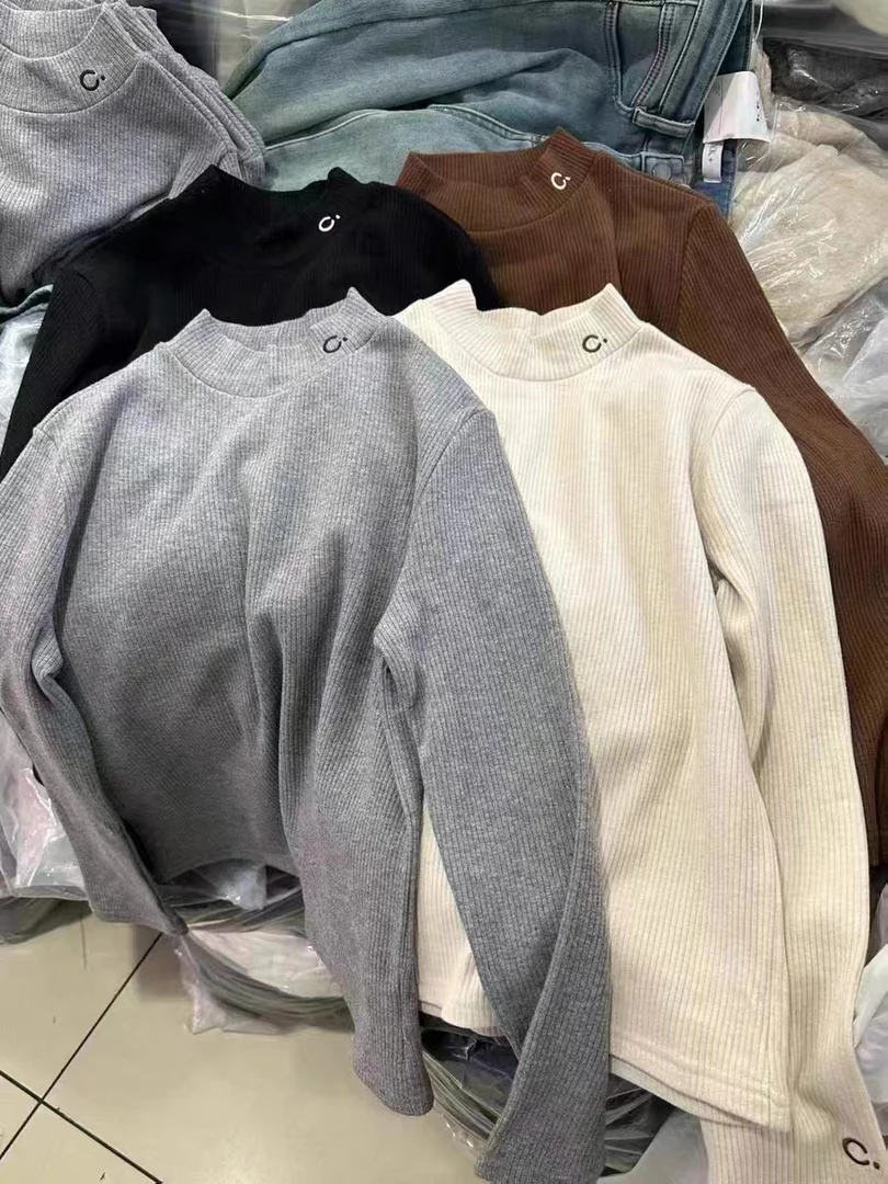 欧货高品质C刺绣螺纹棉加绒加厚半高领打底衫T恤女秋冬洋气内搭潮