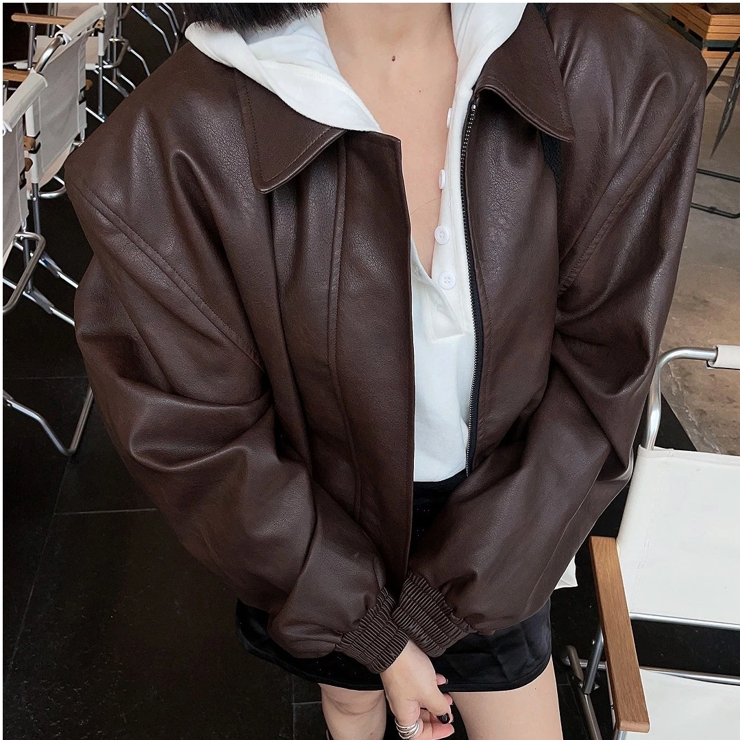 短款皮夹克外套女早秋新款polo领开衫上衣皮衣潮