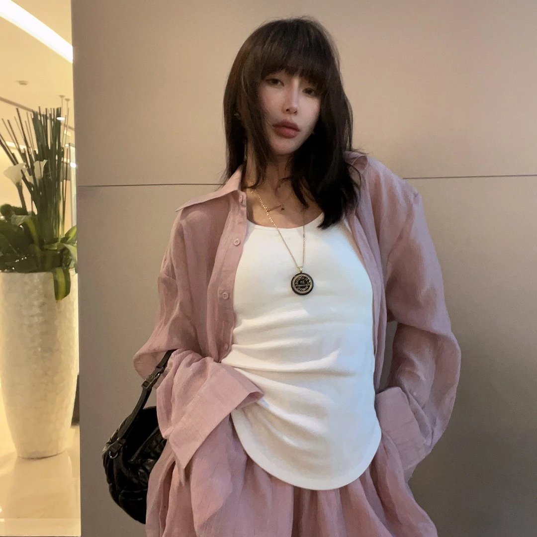 百褶套装.春夏新品慵懒风破袖百褶衬衫宽松阔腿短裤时尚套装开衫