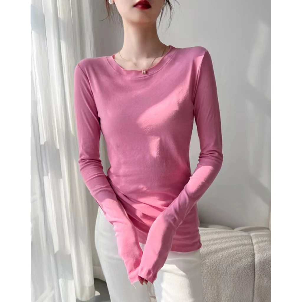 女士打底衫春秋2024年新款麻纱内搭长袖T恤圆领上衣时尚气质百搭