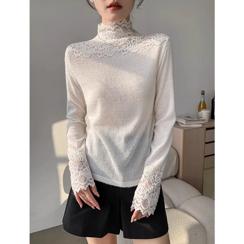白色打底衫女秋冬季2024新款半高领蕾丝拼接磨毛长袖修身洋气上衣