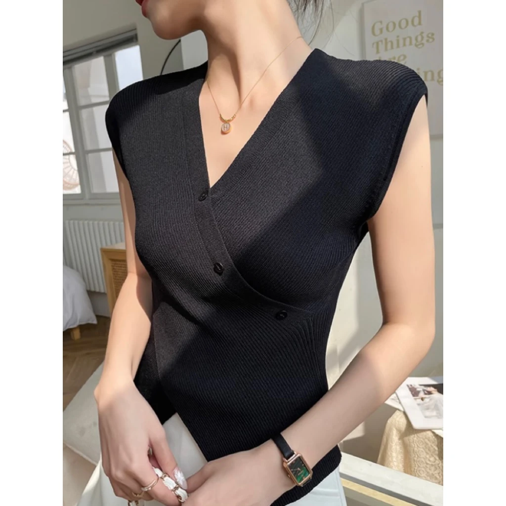 黑色针织衫背心女2024新款外穿夏交叉无袖不规则v领气质修身开衫