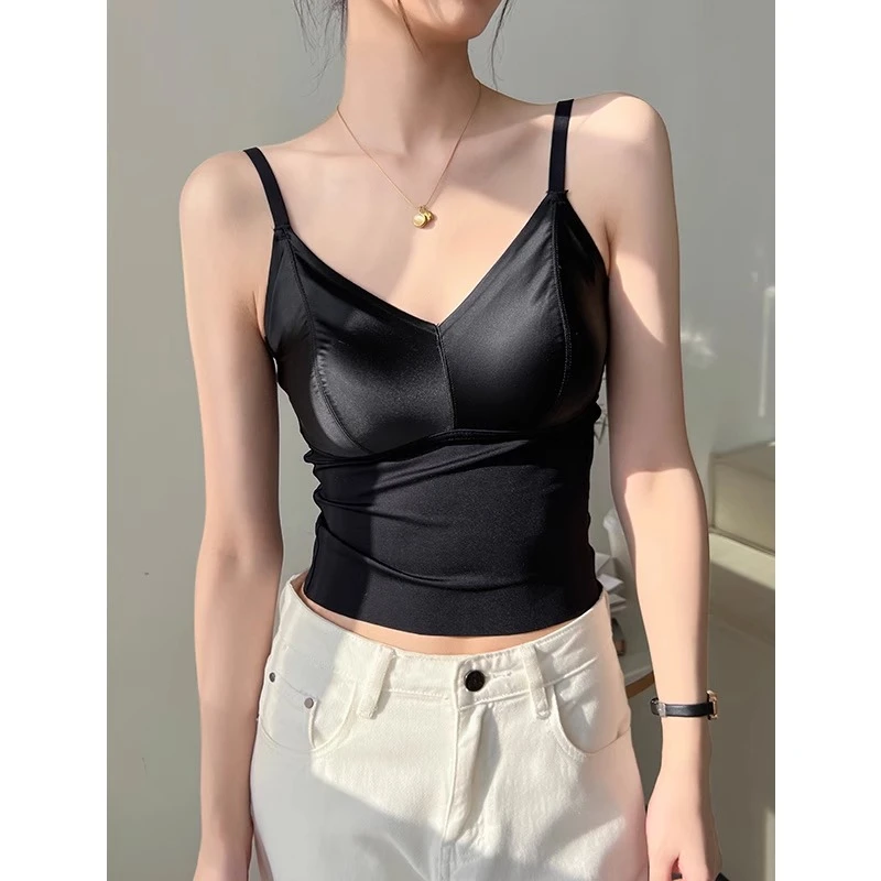 黑色v领吊带背心女夏季内搭2024新款无袖短款带胸垫上衣气质打底