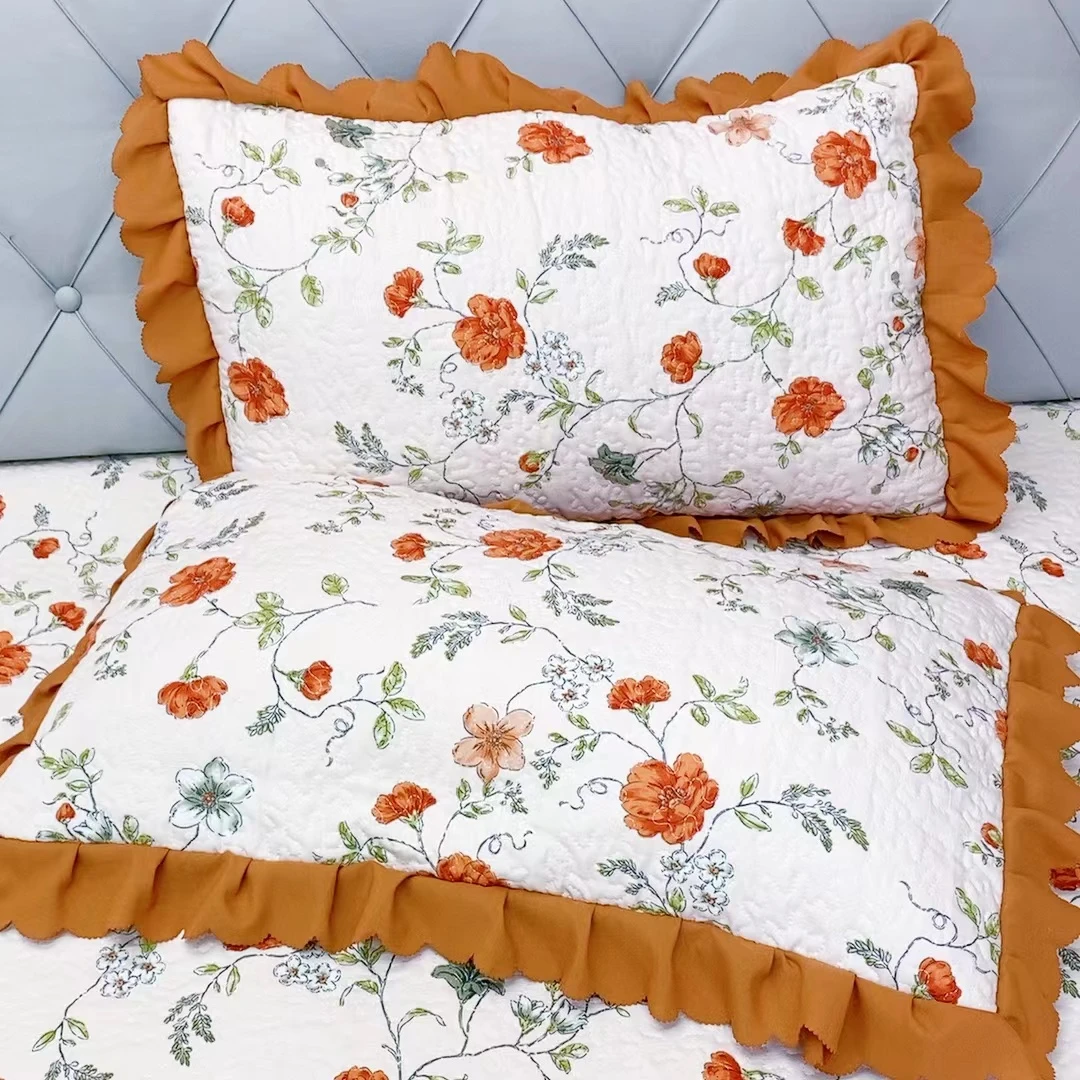 《花边枕套》水洗双层纱荷叶花边绗绣枕套（48*74cm一对装）