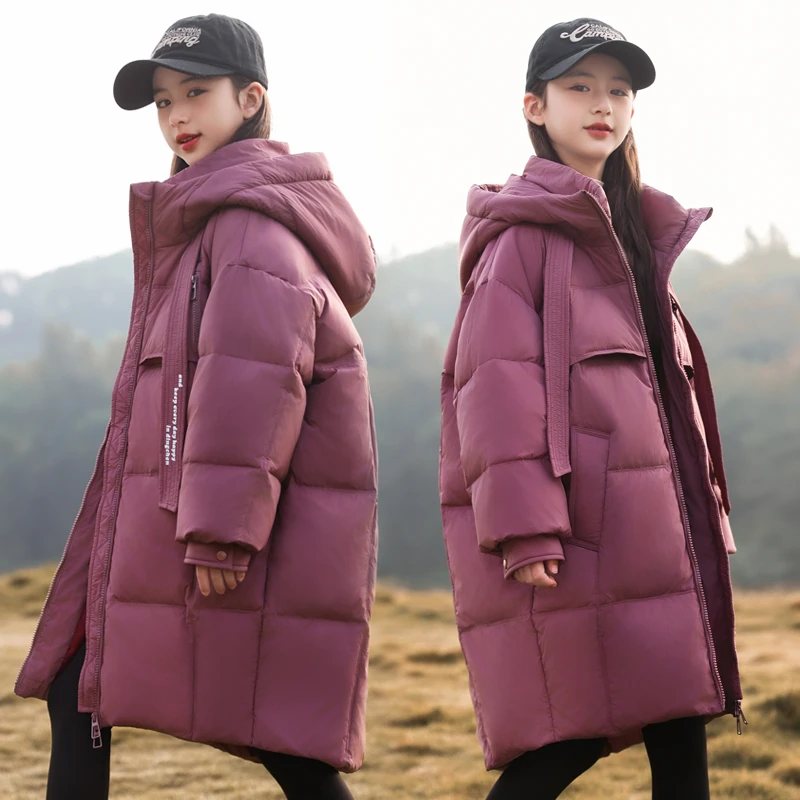 2024新款儿童羽绒服女童中长款中大童韩版飘带洋气公主童装外套冬
