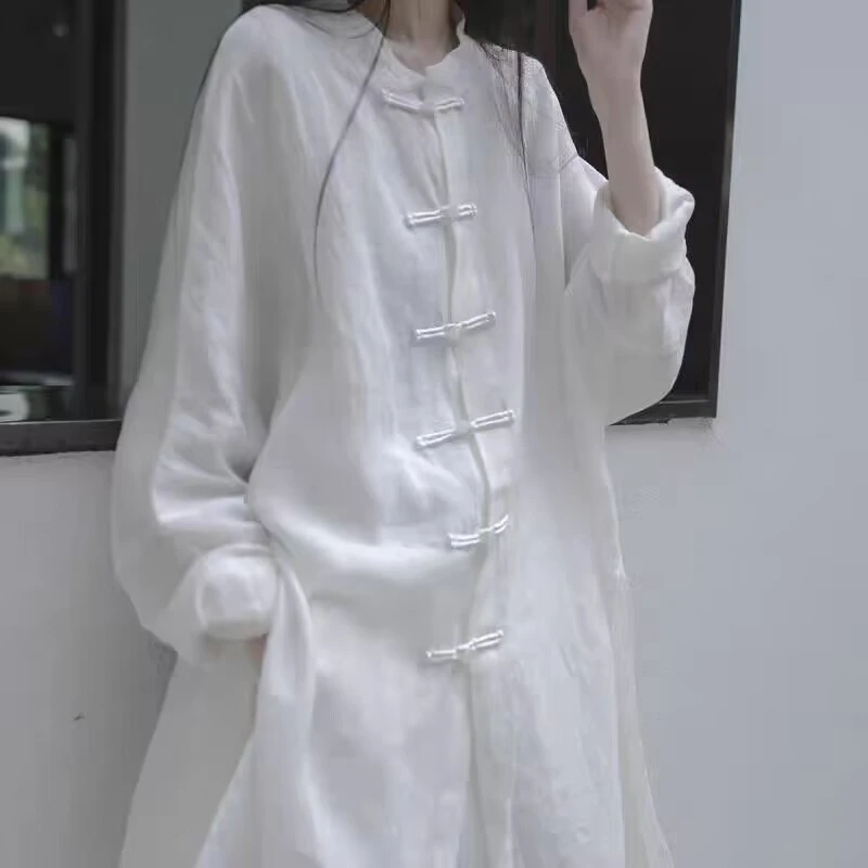中式盘扣上衣宽松衬衣女薄款复古国风茶道禅意汉中长款白衬衫套装
