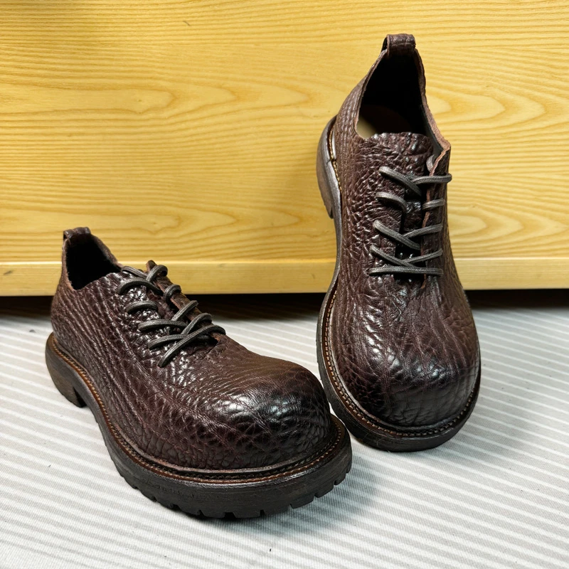 水洗高档野牛皮大头鞋真皮男士休闲鞋手工厚底增高潮鞋复古牛津鞋