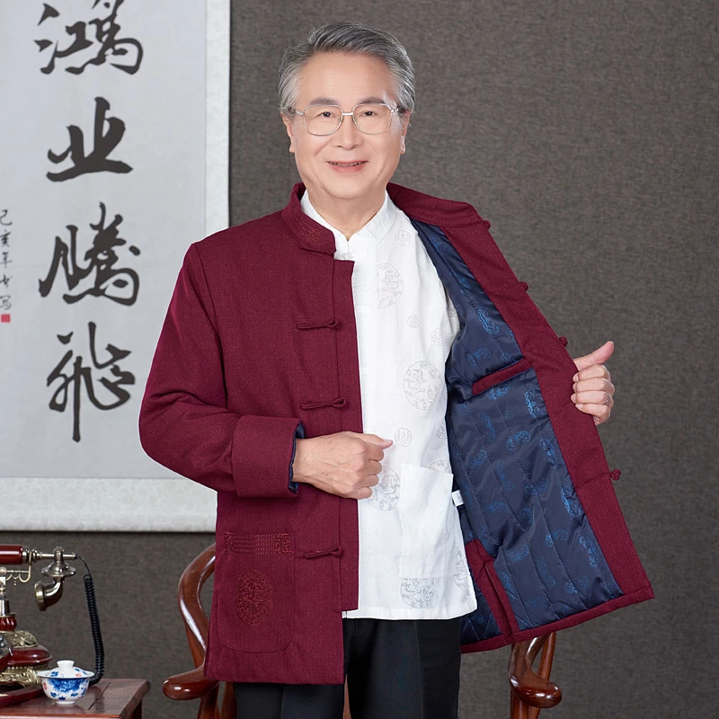 秋冬季唐装男士夹棉爸爸装棉衣外套中国风老人爷爷装生日夹克棉袄