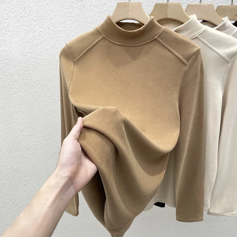 半高领双面德绒打底衫2025新款女秋冬加绒加厚内搭爆款鱼骨上衣冬