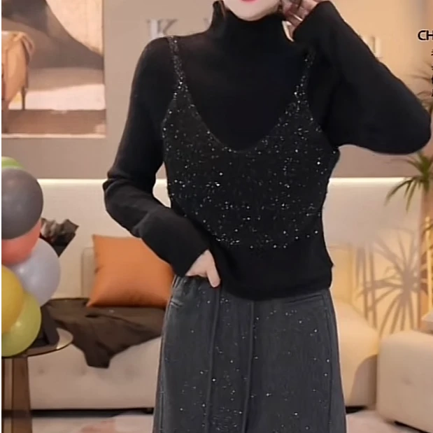 冬款新款半高领时尚亮片假两件休闲百搭舒适毛衣LK2500607