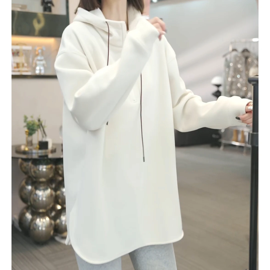 2025秋冬新款中长款连帽卫衣加绒保暖百搭帽衫上衣LK2500661