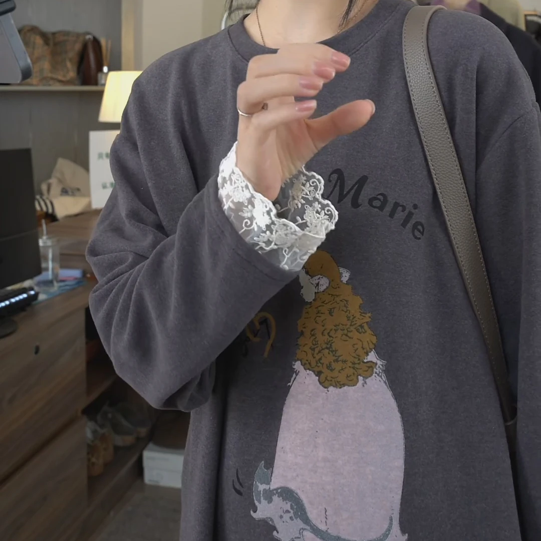 2024秋冬新款设计感百搭气质韩版蕾丝拼接圆领长袖T恤LK2500885