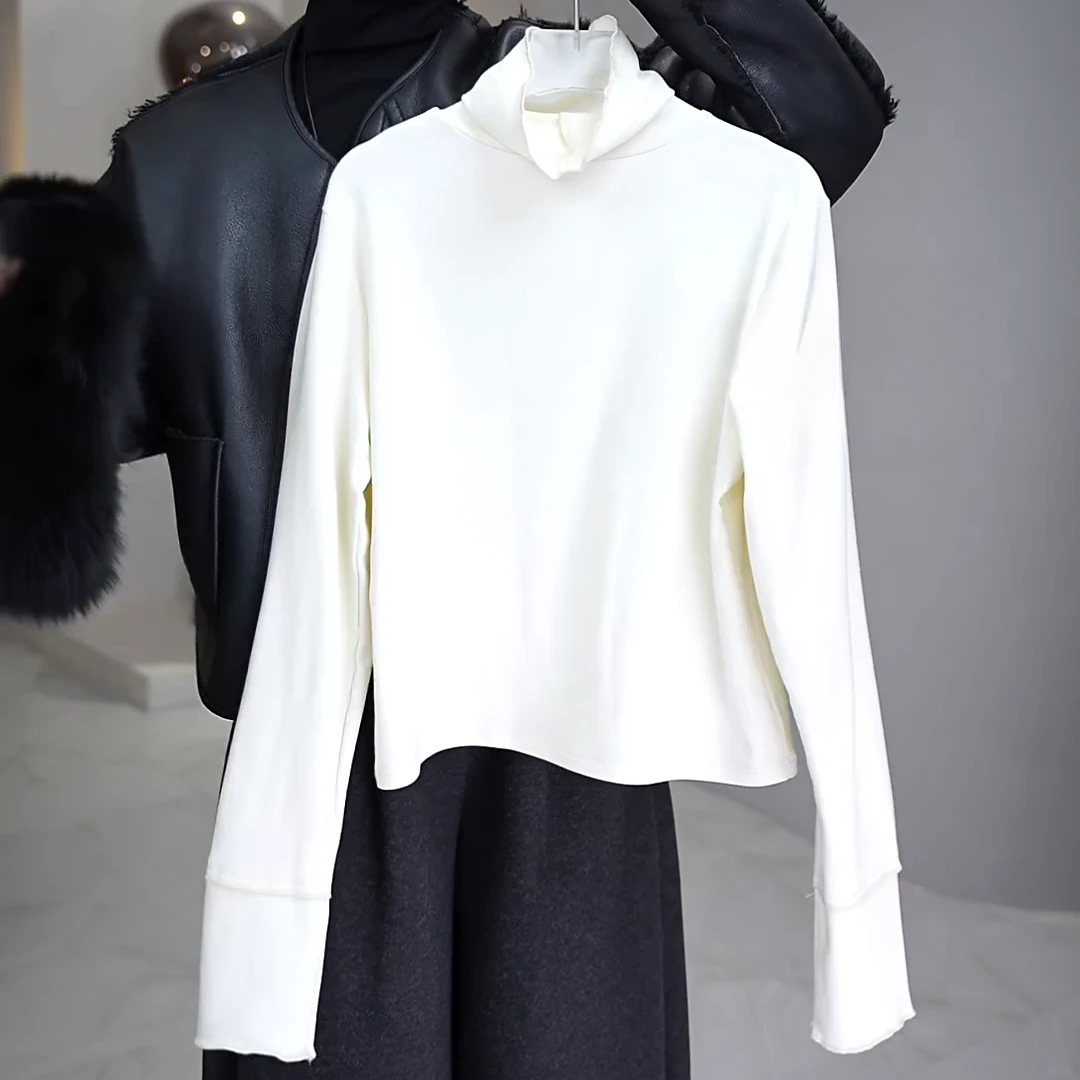 2024秋冬~花瓣打底~韩版新款简约百搭花瓣高领长袖T恤LK2500825