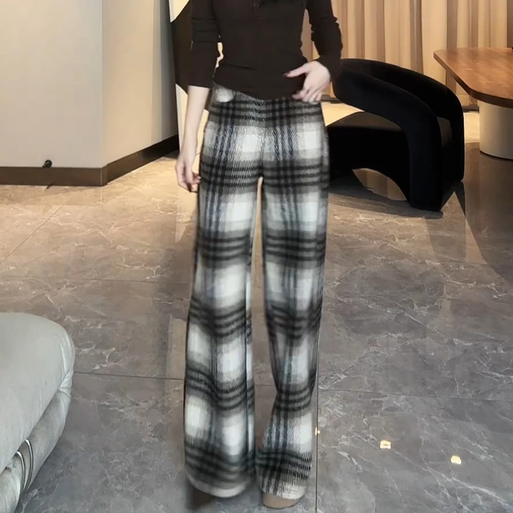 2024秋冬显瘦慵懒风休闲裤垂感加绒加厚格子阔腿裤1-LK2500354