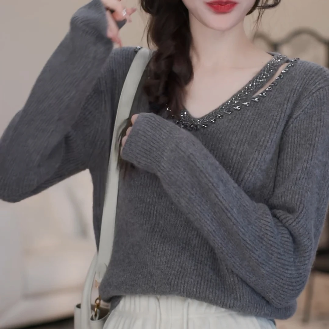 2024秋冬新款镂空钉珠V领长袖针织衫上衣内搭打底衫LK2500840