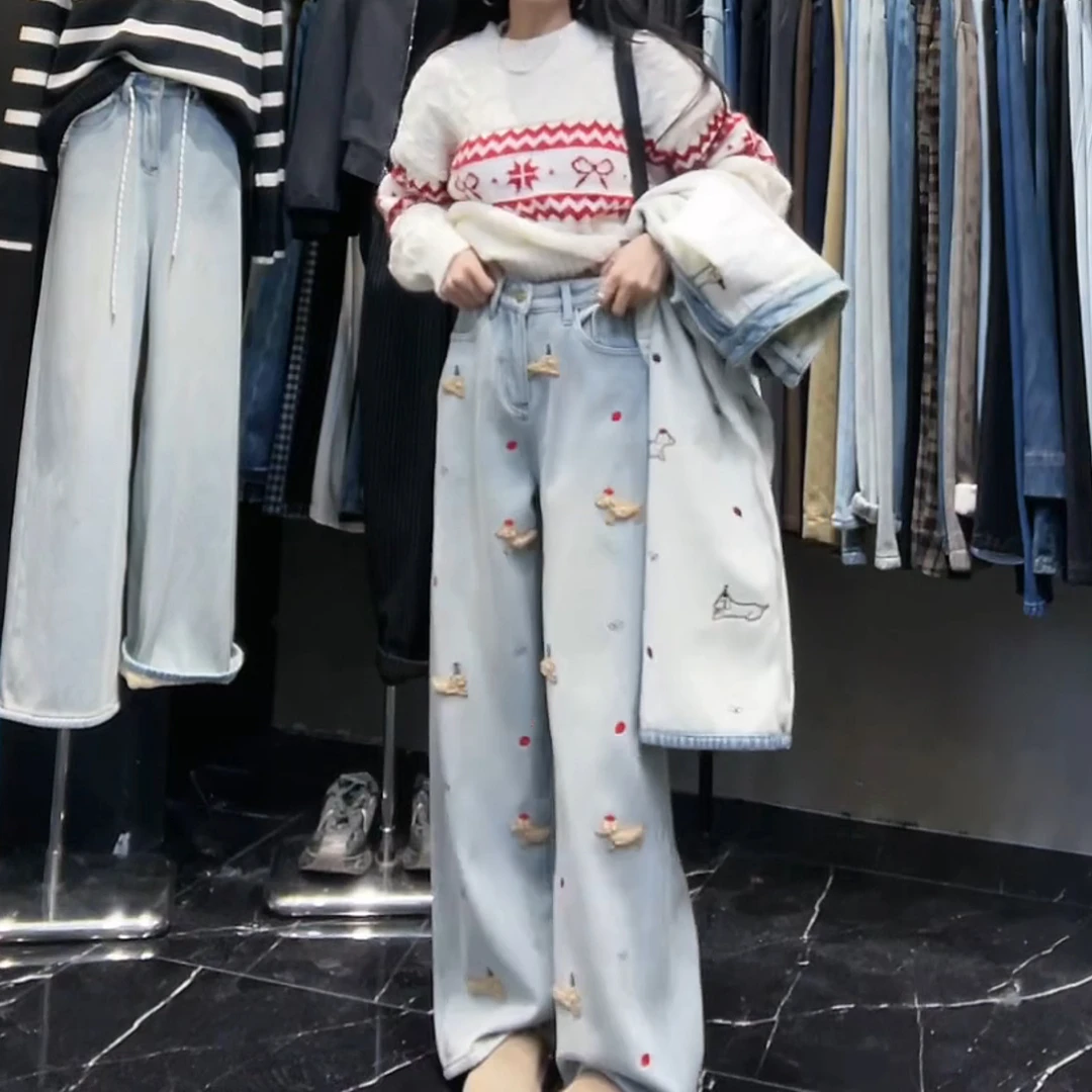 【腊肠狗】新款设计感绣花水洗软加绒牛仔裤阔腿拖地裤LK2500678