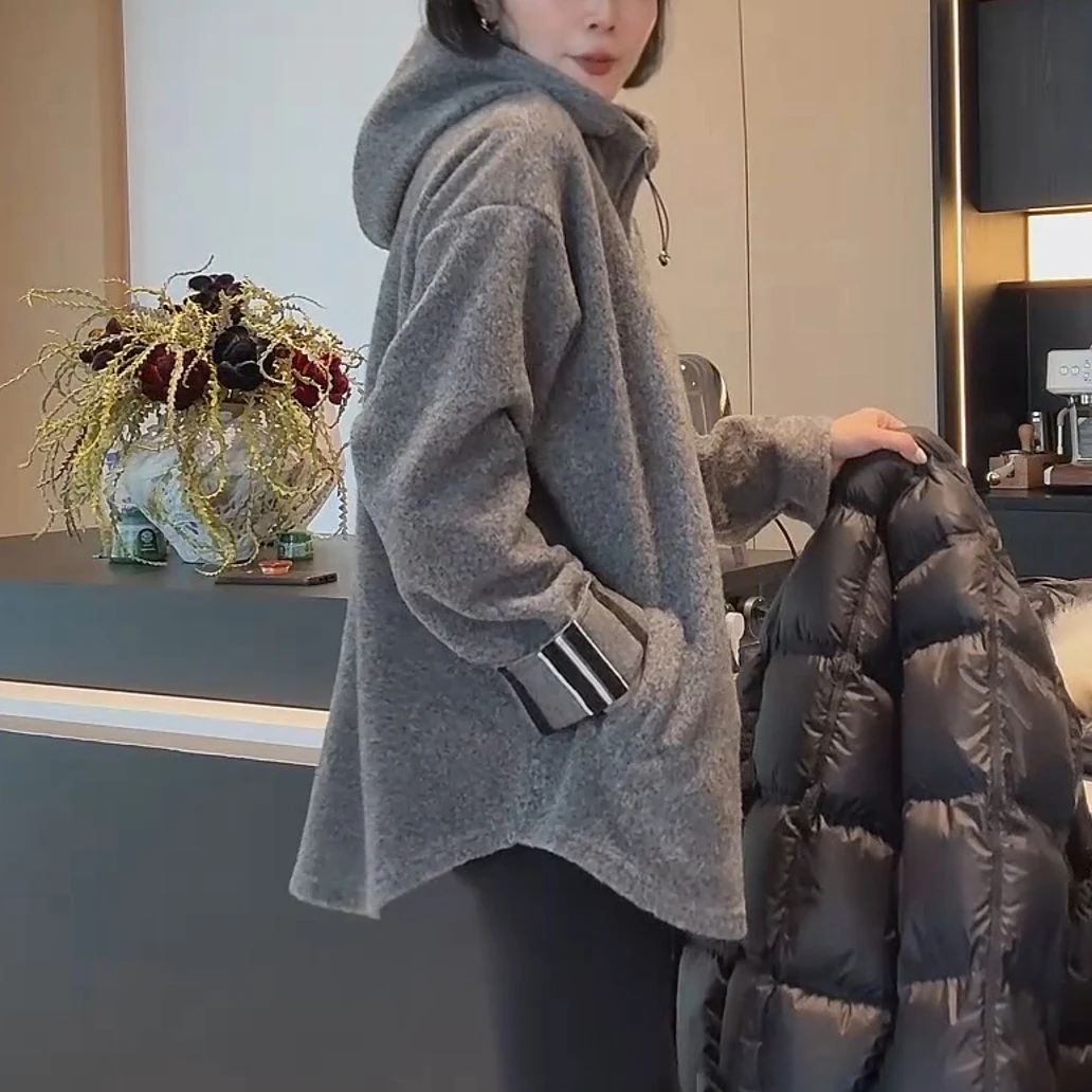 冬季加厚韩版气质时尚休闲半拉链中长款长袖连帽卫衣LK2500909