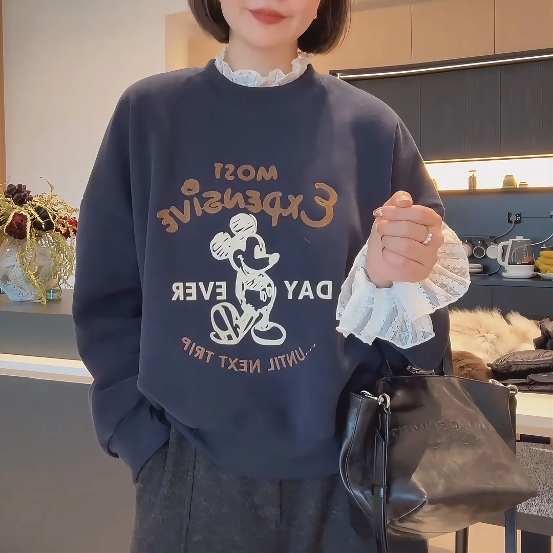 韩版百搭宽松加绒卡通蕾丝拼接长袖休闲套头卫衣LK2500853