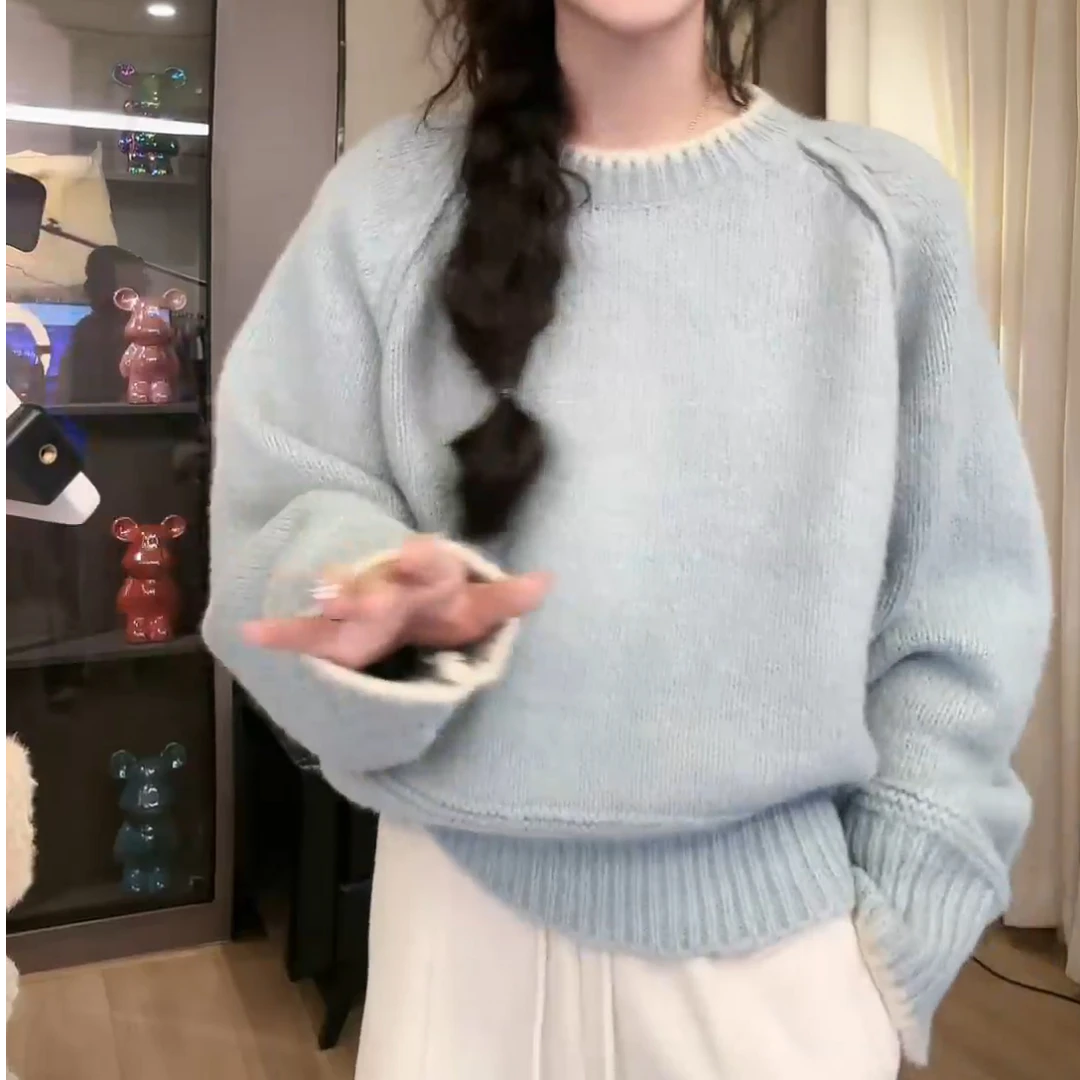 秋冬新款圆领插肩毛衣长袖毛针织衫LK2500891