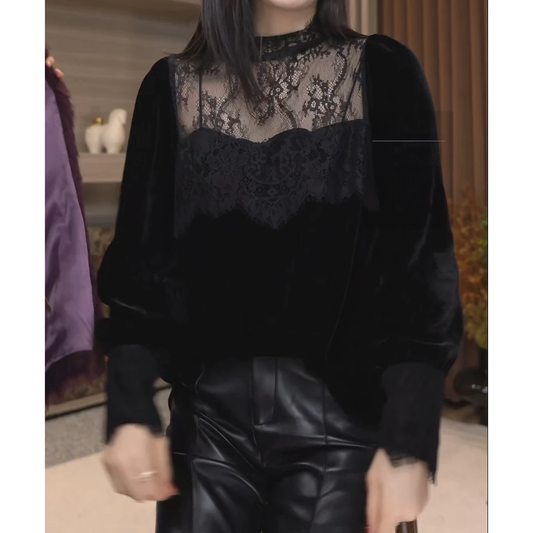 洋气时尚气质镂空高定内搭丝绒蕾丝上衣LK2500746