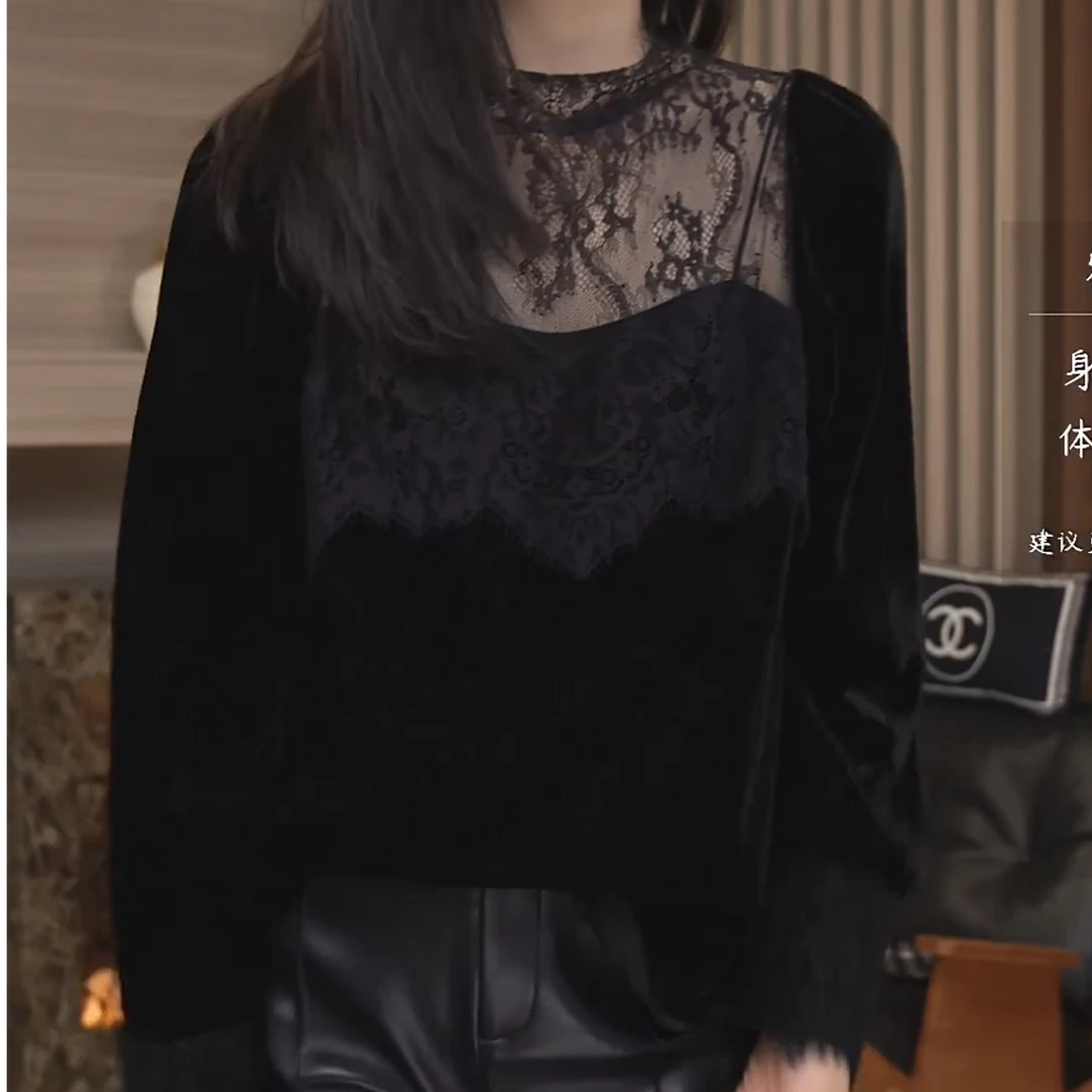 2024冬季新款洋气时尚气质镂空高定内搭丝绒蕾丝上衣LK2500746