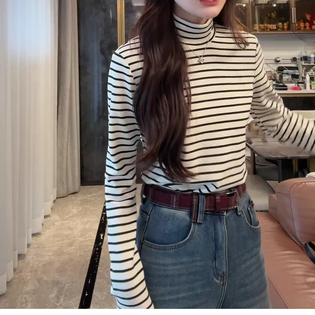 2024秋冬新款气质韩版百搭长袖条纹设计感减龄上衣T恤LK2500870
