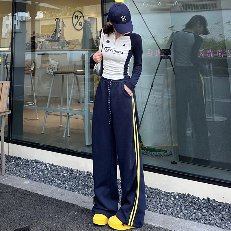 春秋双杠运动裤高腰直筒宽松休闲