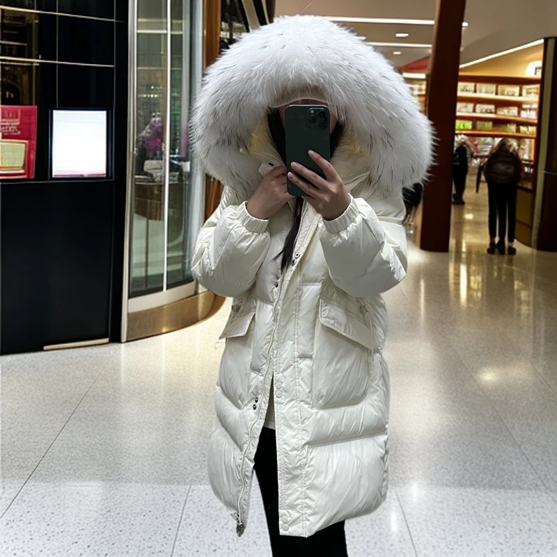 【高品质】大毛领中长款羽绒服2024女士冬新款韩版宽松时尚连帽外套